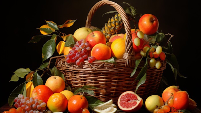 A woven basket filled with apples, oranges, and other tropical fruits