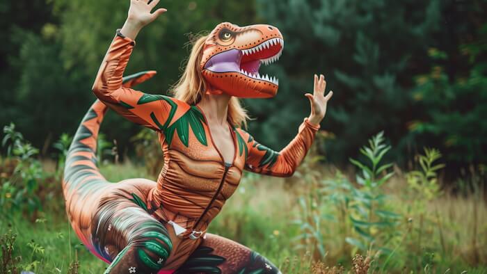 giant T-Rex trying to do yoga as visual props
