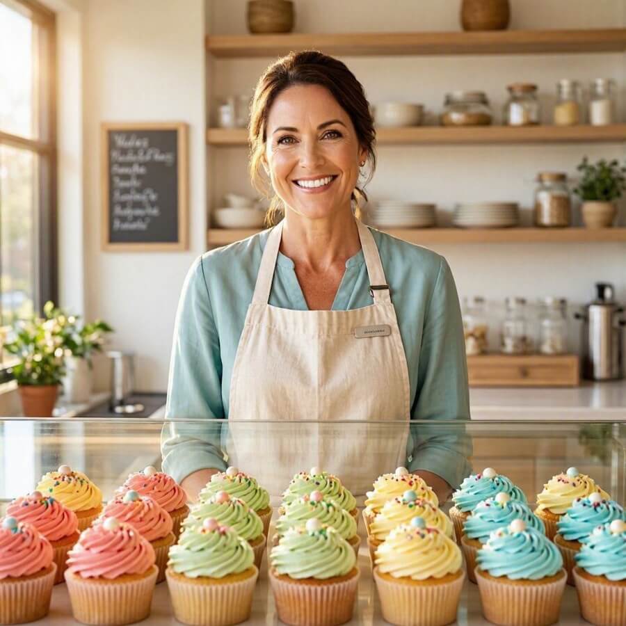A friendly female bakery owner standing behind a display of fresh cupcakes in a bright neighborhood bakery, warm natural light, colorful frosting, professional brand photography style, square image