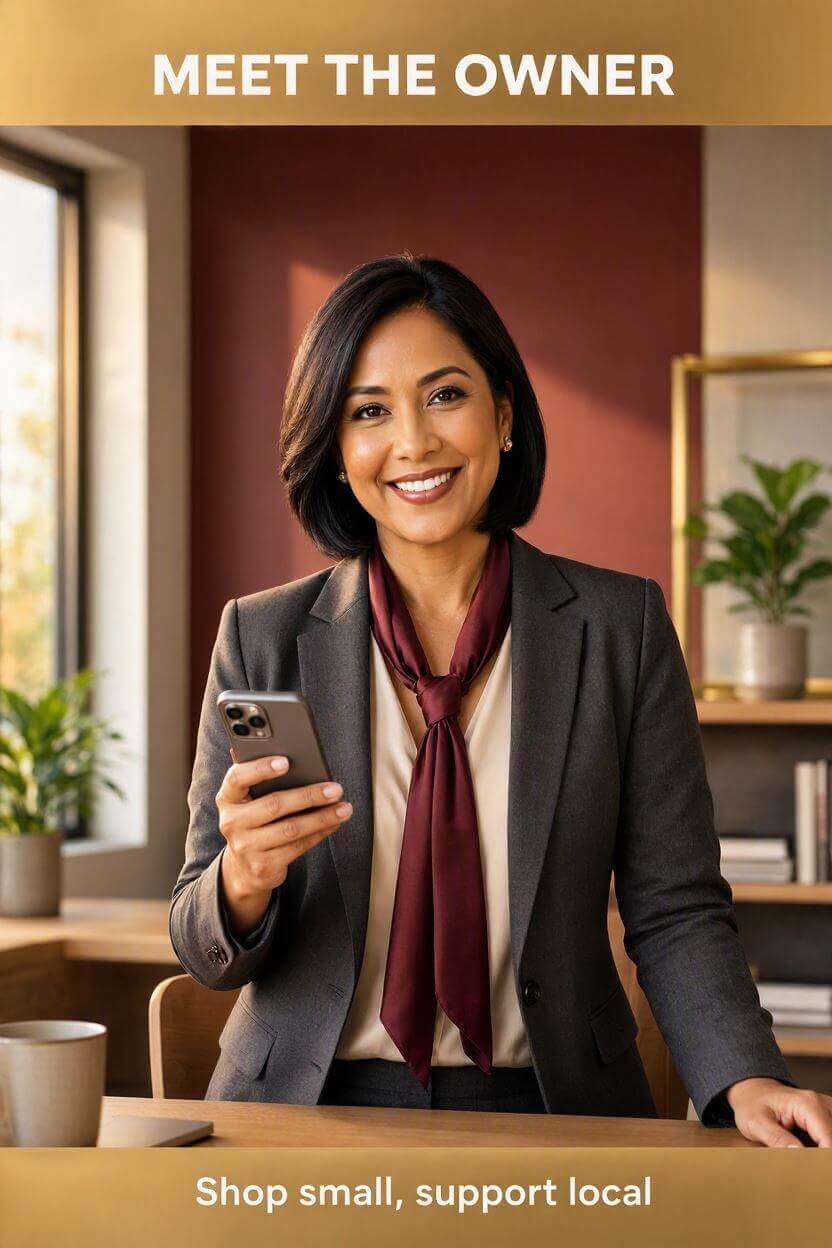 A small business owner holding a smartphone and smiling in a modern office, warm gold and burgundy accents, clean professional style,