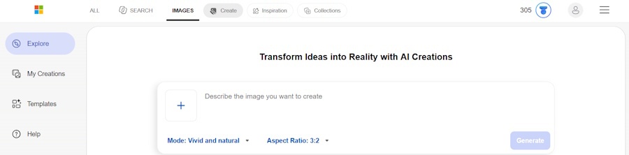 Bing Image Creator prompt screen with image format options