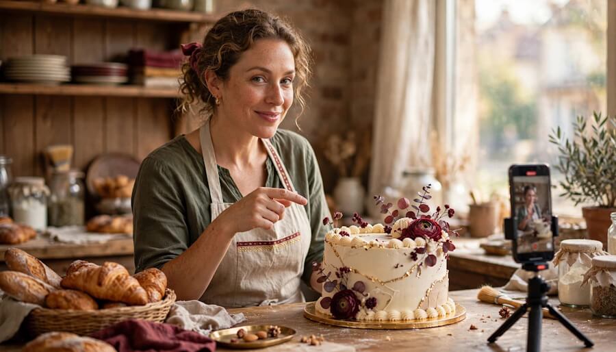 Baker shows a detail of a custom cake while a phone on a tripod records