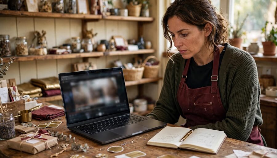 Small-business owner reviews a product video on a laptop at the shop counter