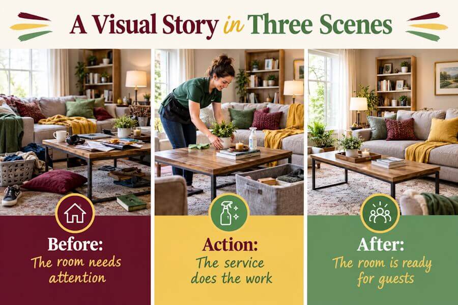 Three-panel storyboard showing a cluttered room, a cleaner at work, and the room ready for guests