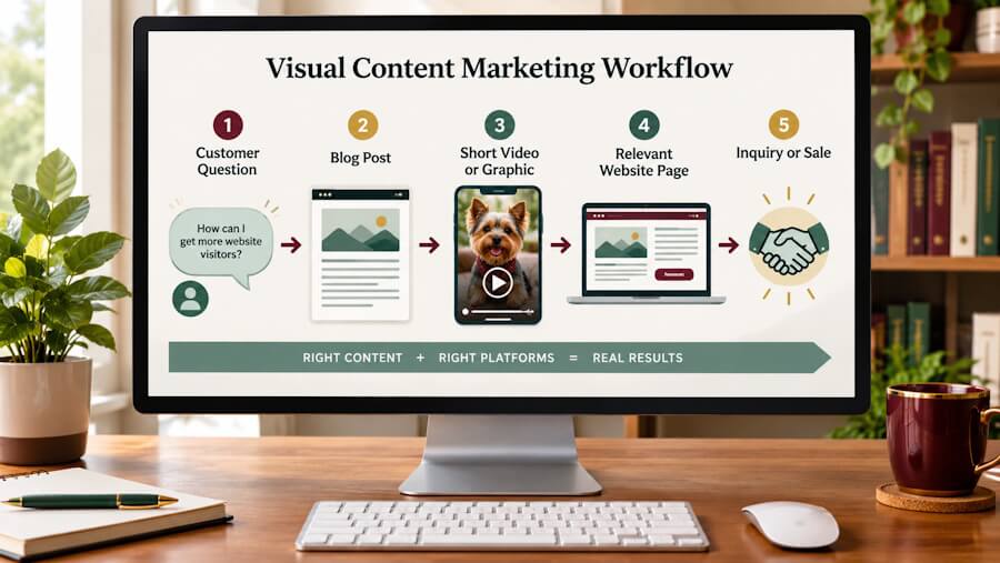 Visual content marketing workflow from a customer question to a blog post, short video, website visit, and business action