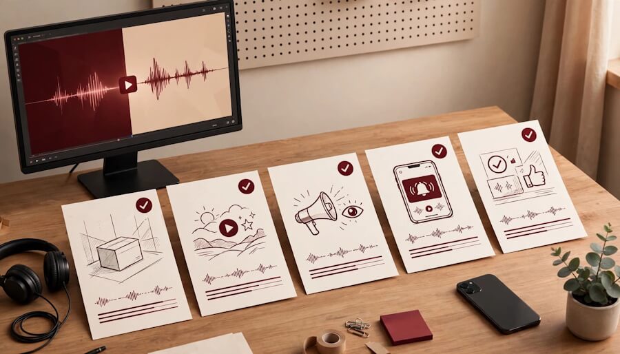 Workspace showing accessible marketing video planning materials, headphones, and a computer displaying audio waveforms