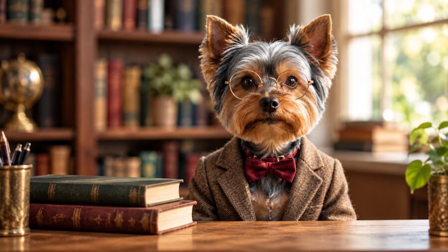 Yorkie wearing glasses, a tweed jacket, and burgundy bow tie while sitting behind a desk in a cozy library