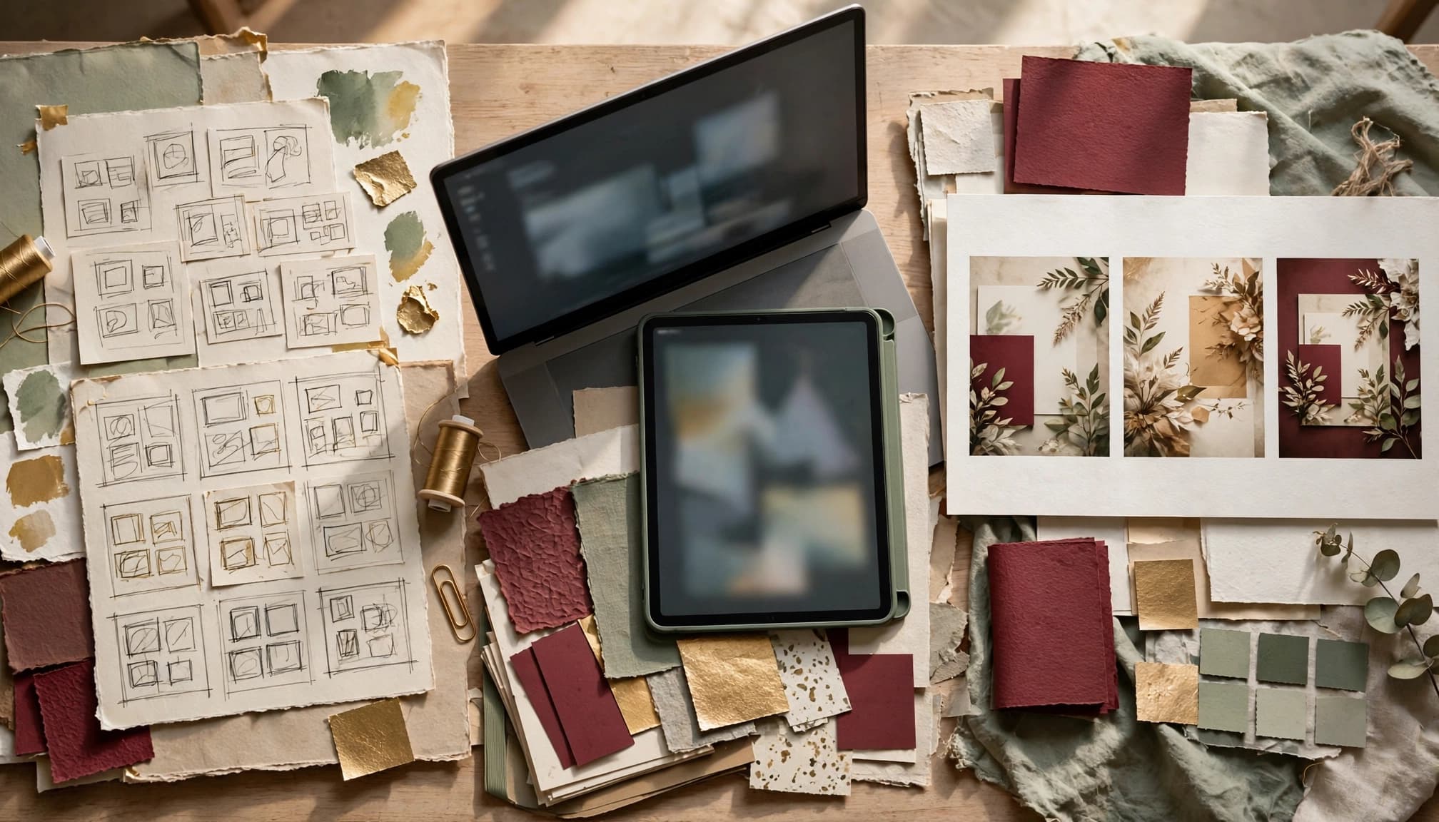 Printed campaign concepts progress from rough sketches to polished images beside a laptop and tablet.