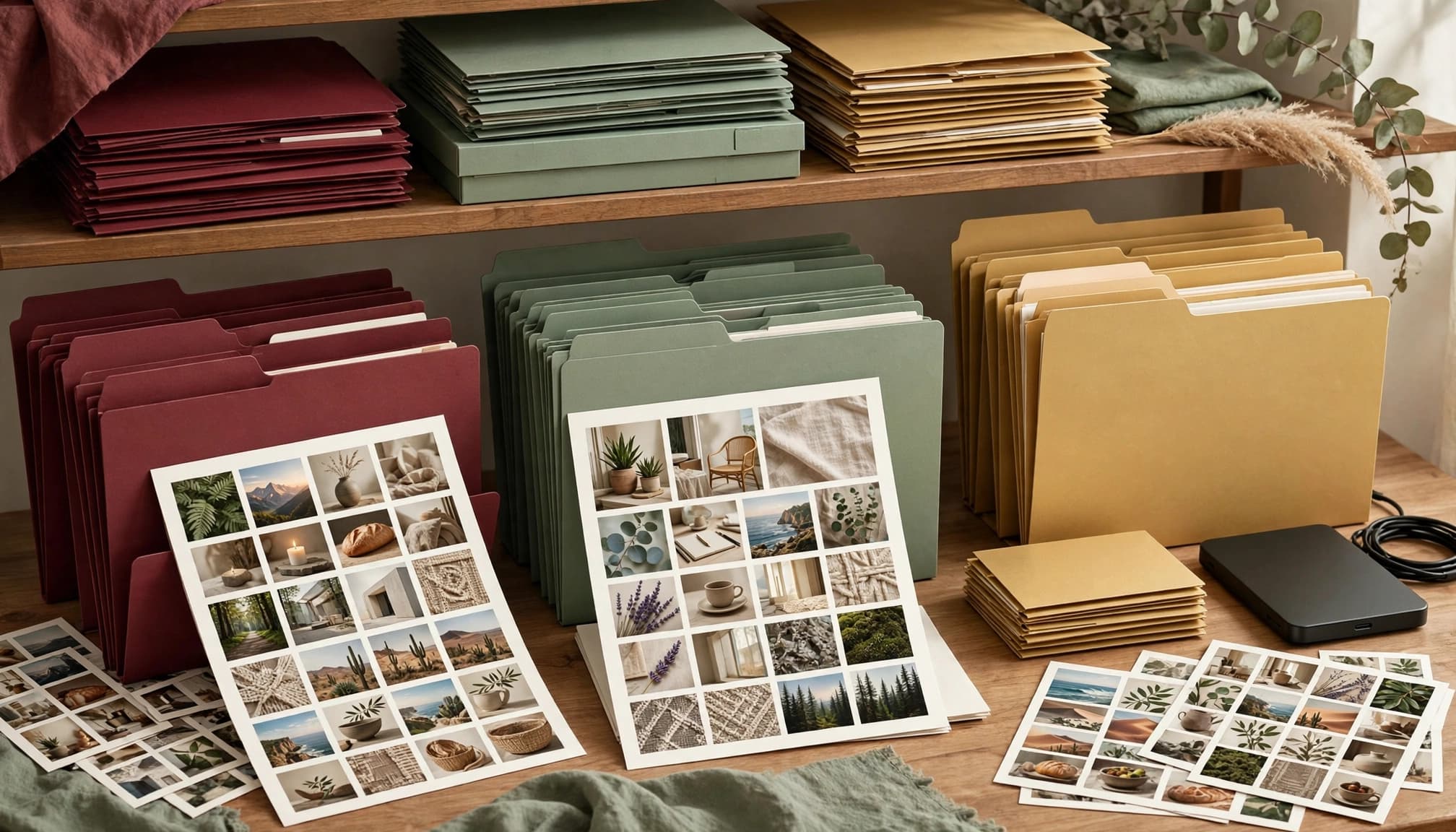 Blank folders, image thumbnails, and a small backup drive arranged on a studio shelf.