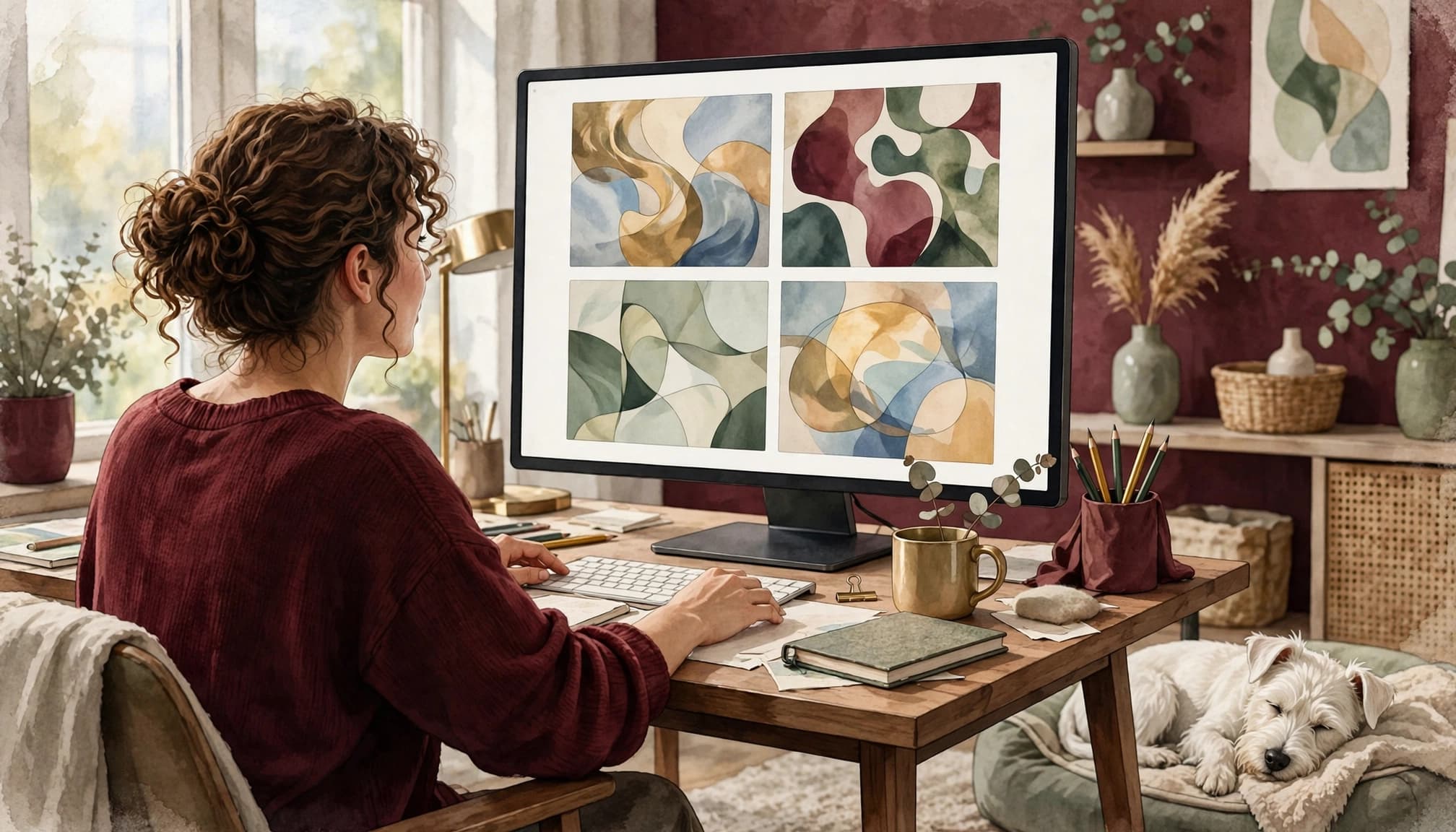 A woman reviewing abstract watercolor art on a monitor in a creative studio with a sleeping dog nearby.