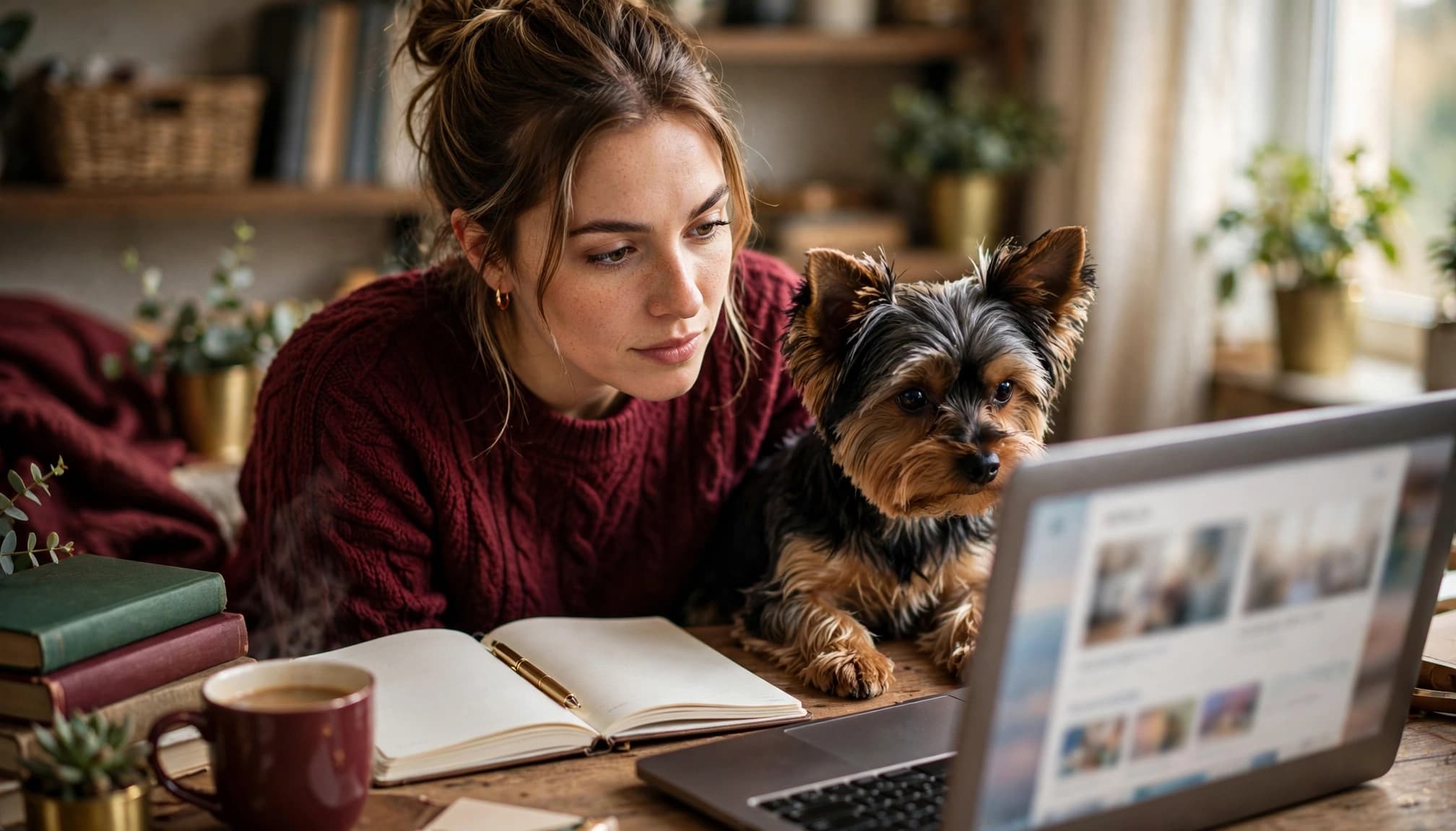 A woman and a small terrier dog looking at a laptop in a cozy workspace.