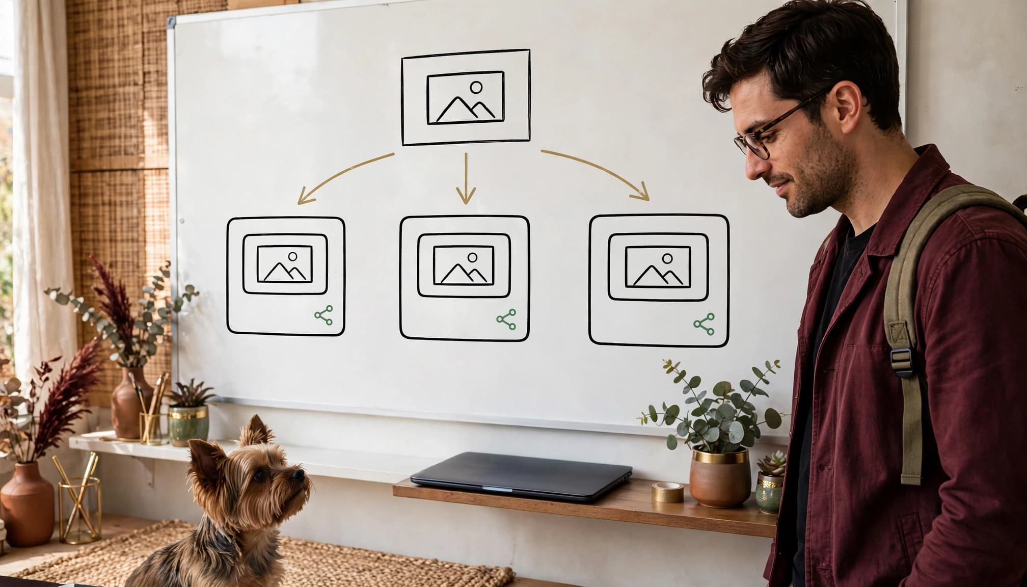 A man and a small dog look at a whiteboard diagram illustrating image sharing flows.