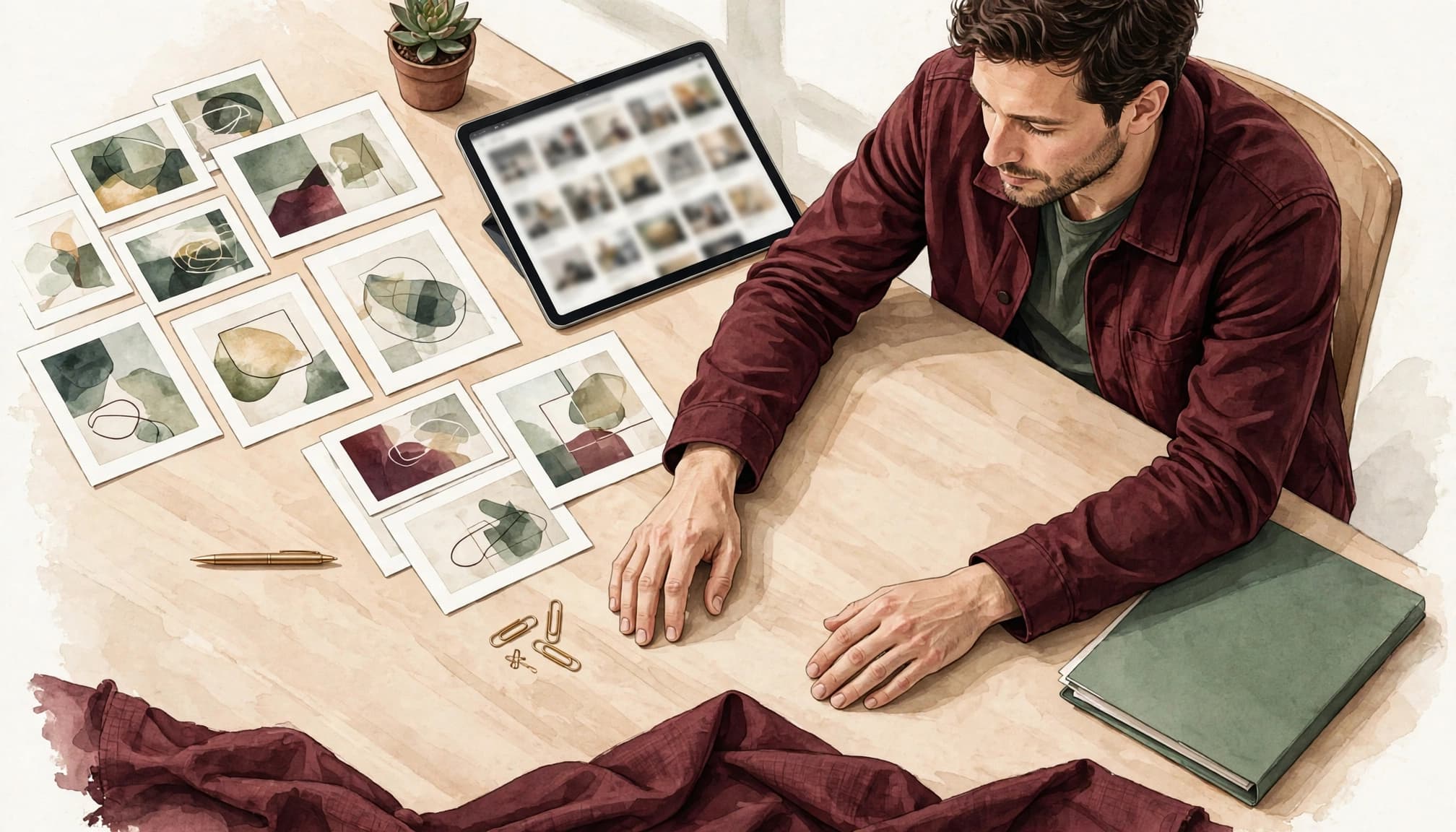 A man seated at a desk reviews abstract image thumbnails and a tablet.